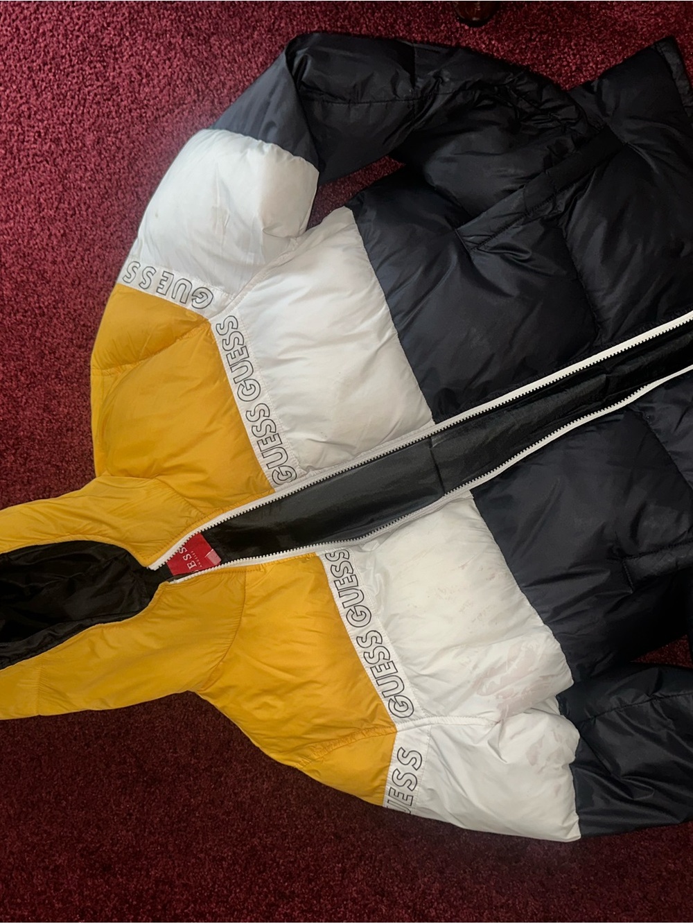 Guess Yellow, White & Black Logo Colorblock Puffer